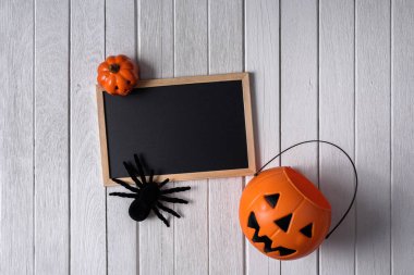 Kabaklar, siyah örümcek ve karatahta ile cadılar bayramı arka plan 