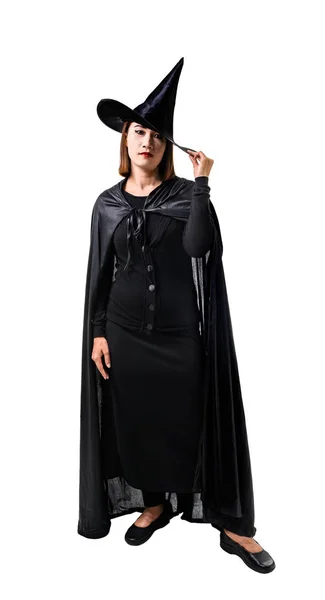 Portret kobiety w czerni straszny czarownica Halloween kostium Standin — Zdjęcie stockowe