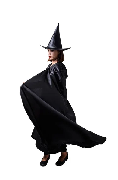 Retrato de mulher em preto assustador bruxa halloween traje standin — Fotografia de Stock