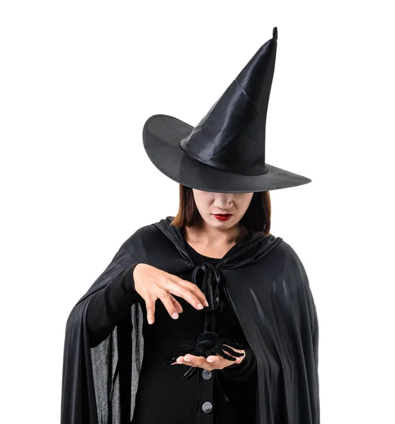 Portré nő fekete ijesztő boszorkány Halloween jelmez standin — Stock Fotó