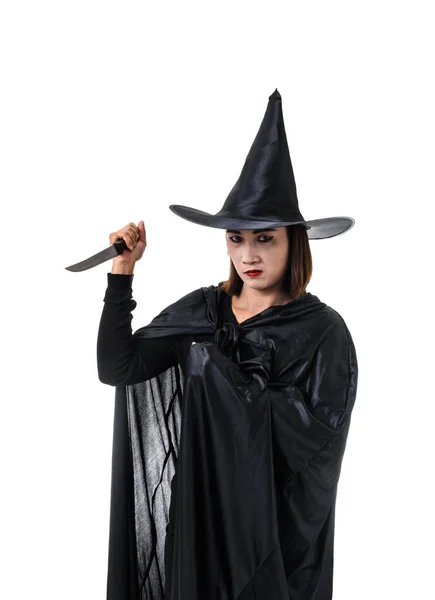 Siyah Korkunç cadı cadılar bayramı kostüm standin kadın portresi — Stok fotoğraf