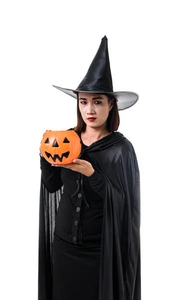 Portrait de femme en noir Scary witch halloween costume standin — Photo