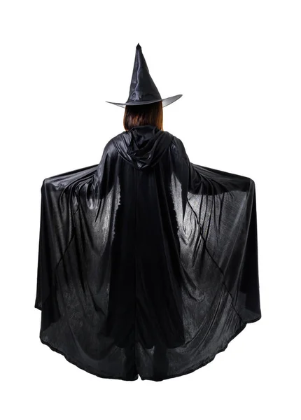 Tillbaka syn på kvinnan i svart skrämmande häxa Halloween kostym Stand — Stockfoto