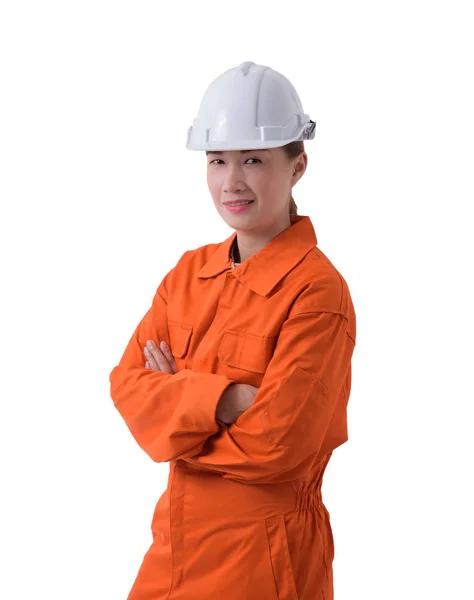 Retrato de uma mulher trabalhadora em macacão mecânico isolado no whit — Fotografia de Stock