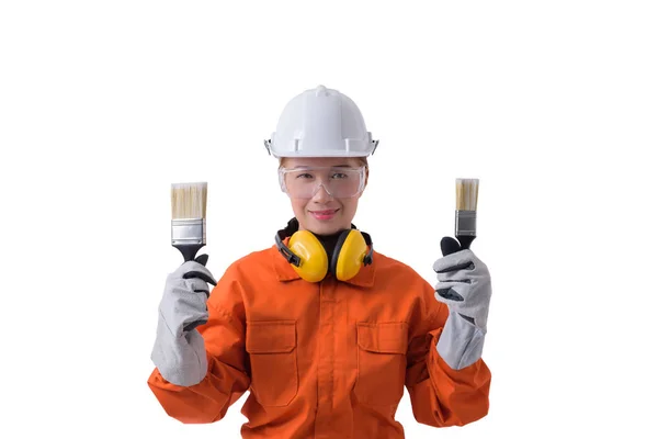 Портрет працівниці в "Механічному костюмі" тримає фарбу. — стокове фото