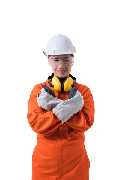 Retrato de uma mulher trabalhadora em macacão mecânico isolado no whit — Fotografia de Stock