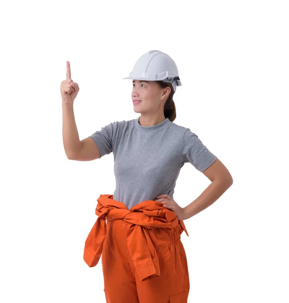 Retrato de uma mulher trabalhadora em macacão mecânico isolado no whit — Fotografia de Stock