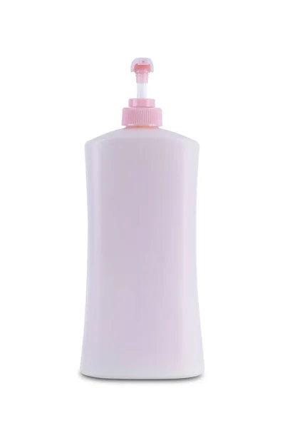 분홍 분말로 만든 머리를 사용하는 플라스틱 병 화장품 위생 회사 — 스톡 사진