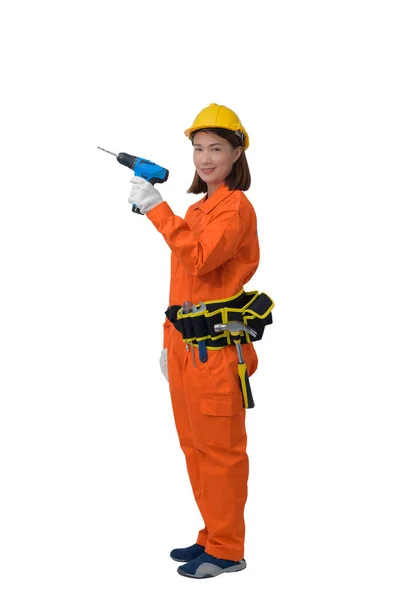 Bauarbeiter in orangefarbener Schutzkleidung, Helm — Stockfoto