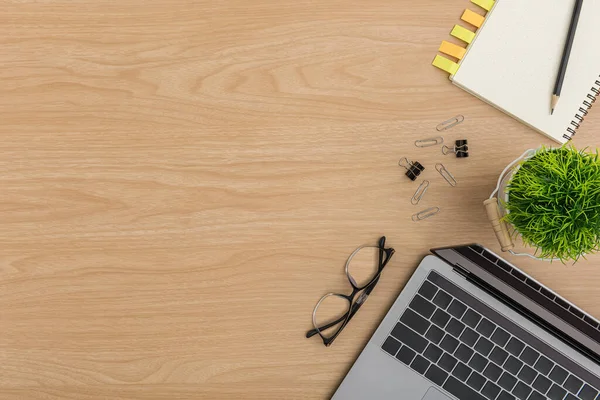 Top View Wood Office Desk Table Flat Lay Workspace Eye Stock Image