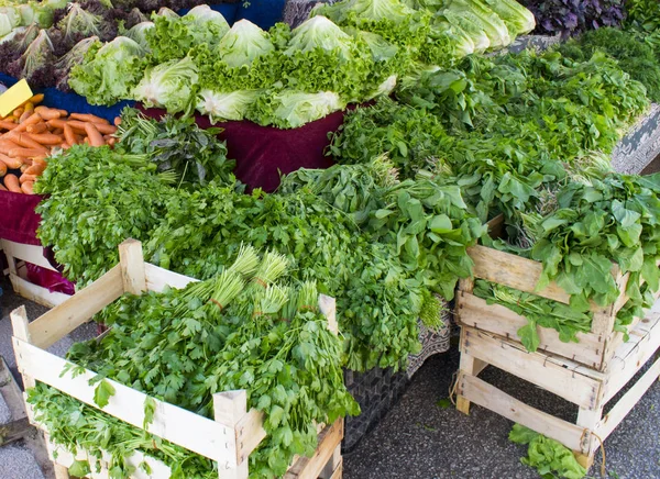 Various fresh green leafy vegetables (spinach, mint, lettuce, coriander, dill) at a farmers market. Healthy organic food.
