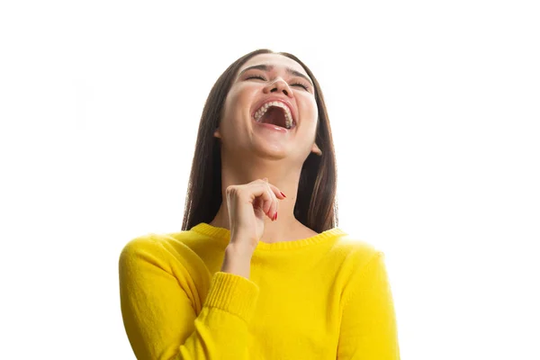 Retrato emocional de uma jovem menina bonita no fundo branco — Fotografia de Stock