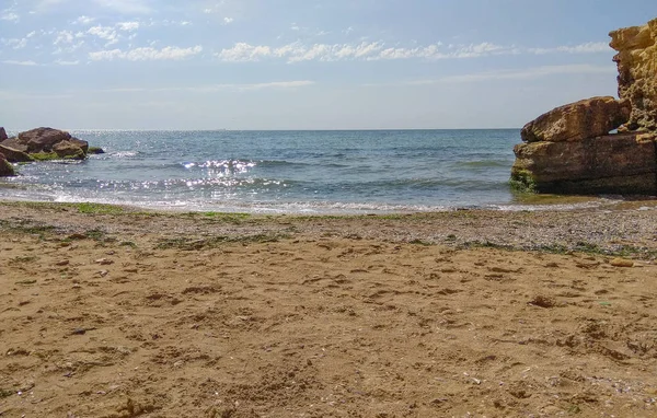 Grote Rots Met Mos Zeewier Het Wilde Strand Met Geel — Stockfoto