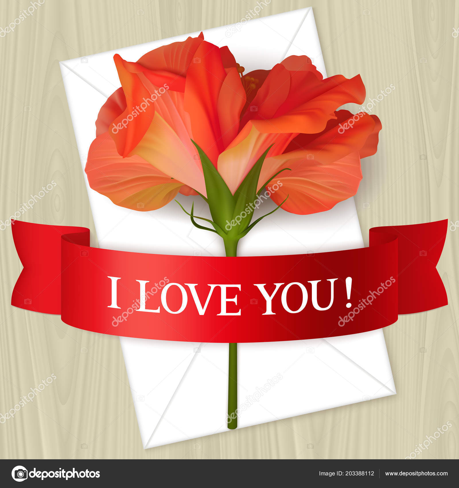 Single Hibiscus Flower White Envelope Red Ribbon Inscription