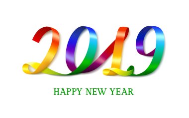 Parlak çok renkli şerit şekiller numarası 2019. Yazıt mutlu yeni yıl. Beyaz arka plan. Vektör çizim.