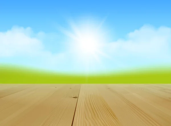 Leere Holztische Grünes Feld Blauer Himmel Mit Wolken Und Sonne — Stockvektor