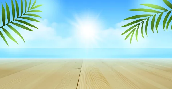 Vektor Realistischen Tropischen Strand Hintergrund Mit Leeren Holztischplatte Palmenblättern Blauem — Stockvektor