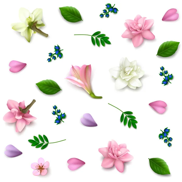 分散逼真的花朵 花瓣和绿叶在白色的背景 矢量无缝模式 顶视图 — 图库矢量图片