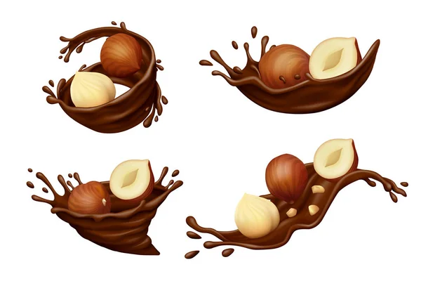 Hazelnuts Chocolate Splashes Drops Isolated White Background Realistic Vector Illustration — Stock Vector