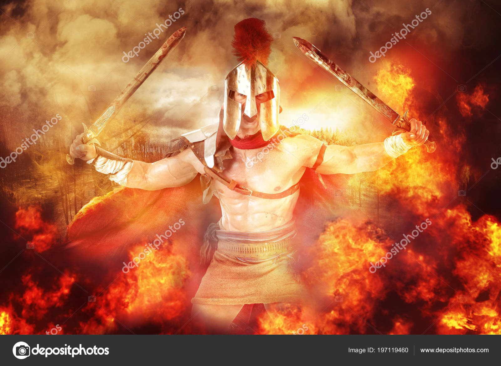 Antiguo Guerrero Gladiador Una Batalla Entre Llamas — Foto de stock  #197119460 © luislouro, image size:1600x1168