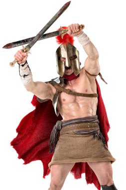 Eski savaşçı ya da beyaz bir arka plan üzerinde poz gladyatör