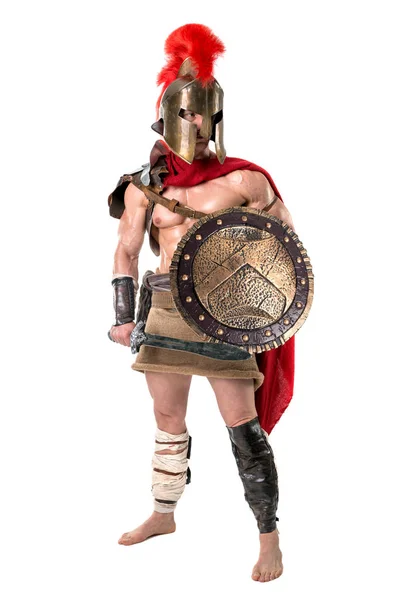 Oude Krijger Gladiator Poseren Een Witte Achtergrond — Stockfoto