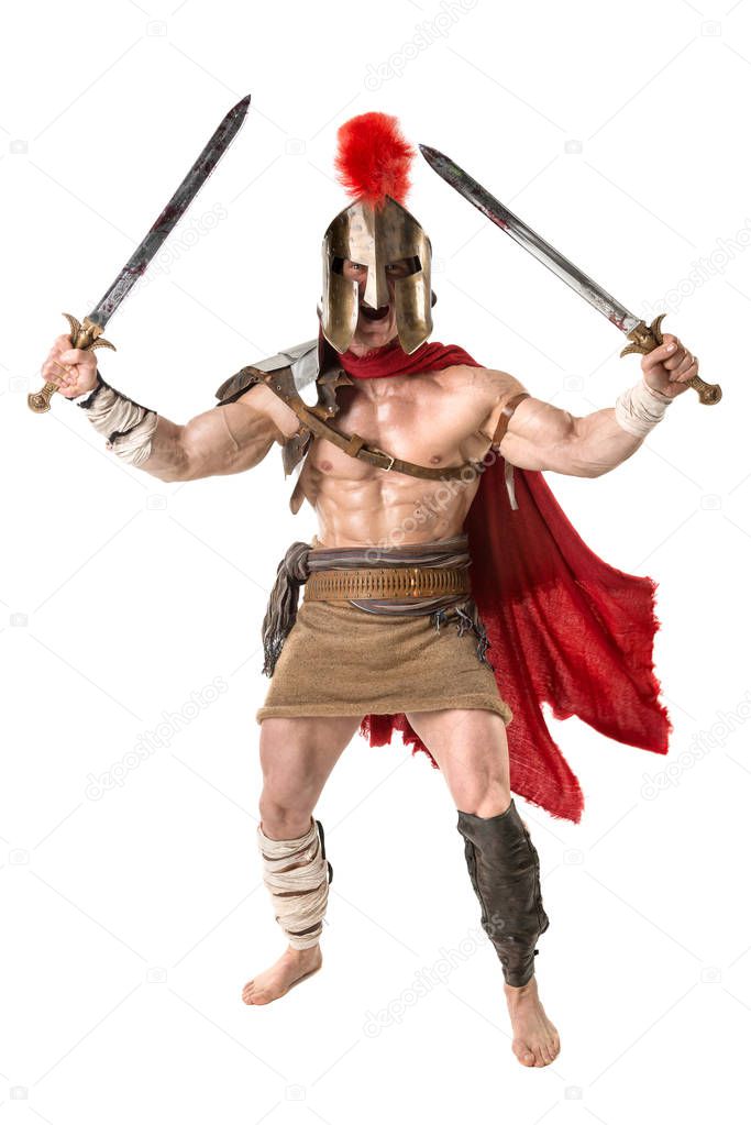 Ancient warrior or Gladiator posing over a white background
