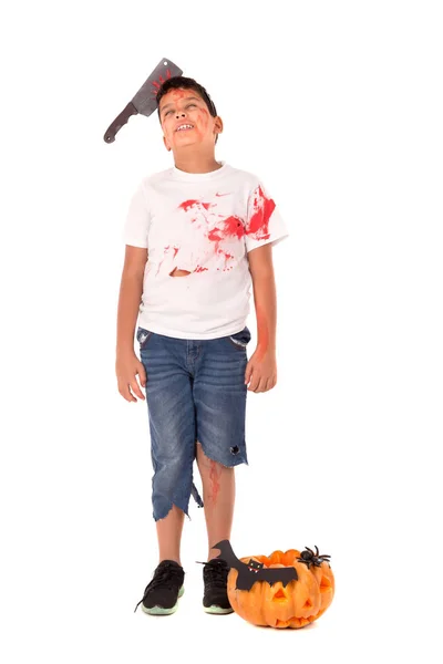 Junge Halloween Kostüm Mit Kürbis Vor Weißem Hintergrund — Stockfoto