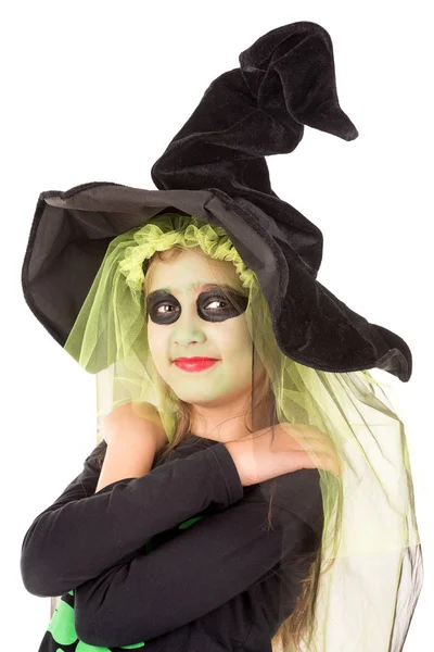 Dívka Barvy Obličej Halloween Kostým Čarodějnice Bílém Pozadí — Stock fotografie