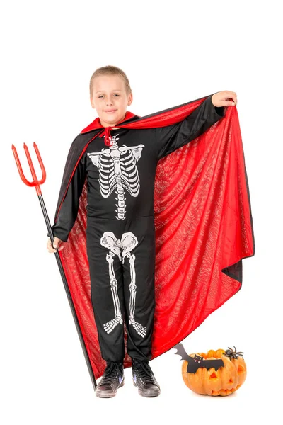 Niño Disfrazado Halloween Con Calabaza Sobre Fondo Blanco —  Fotos de Stock