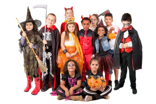 Grupo Crianças Trajes Halloween Carnaval Isolados — Fotografia de Stock