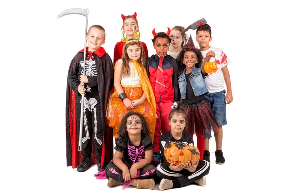 Gyerekek Halloween Carnaval Jelmezek Elszigetelt Csoport — Stock Fotó