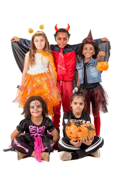 Barn Med Ansiktsmålning Och Halloween Kostymer Isolerade Vitt — Stockfoto
