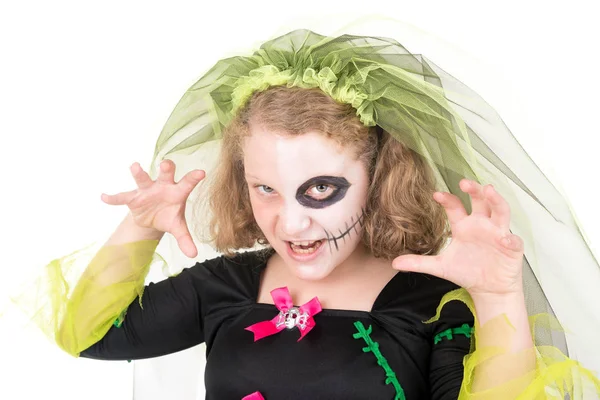 Menina Traje Halloween Sobre Fundo Branco — Fotografia de Stock