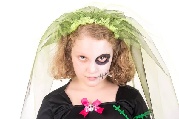 Menina Traje Halloween Sobre Fundo Branco — Fotografia de Stock