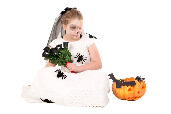 Menina Com Pintura Facial Traje Halloween Isolado Branco — Fotografia de Stock