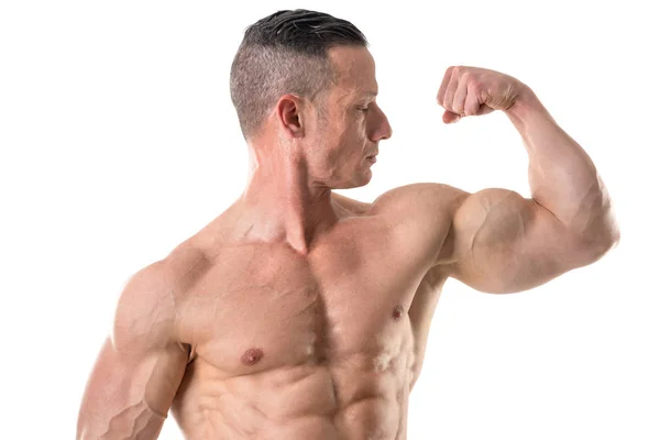 Moc Atletický Muž Velkou Postavu Silné Kulturista Ukazující Jeho Biceps — Stock fotografie