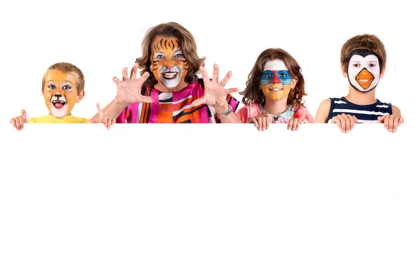 Children Group Grandmother Animal Face Paint White Board — Stock Photo, Image