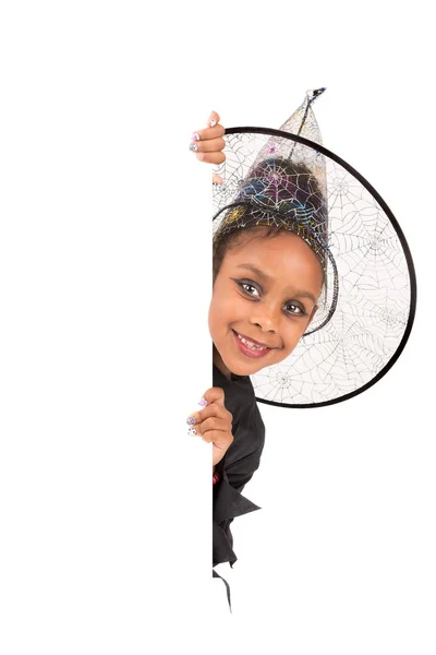 Mädchen Mit Kinderschminke Und Halloween Hexenkostüm Über Einem Weißen Brett — Stockfoto