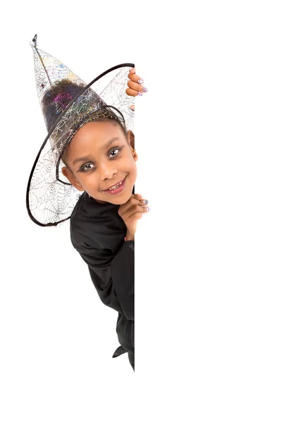 Girl Face Paint Halloween Witch Costume White Board — Stock Photo, Image