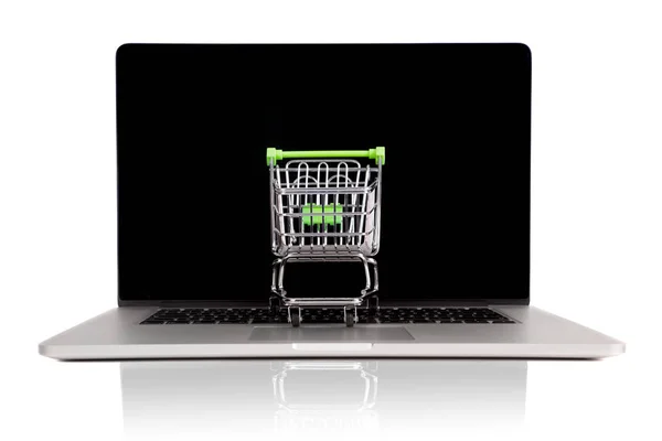 Laptop Small Shopping Cart Isolated White — 图库照片