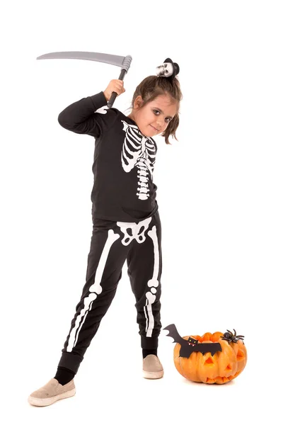 Menina Traje Halloween Com Abóbora Sobre Fundo Branco — Fotografia de Stock
