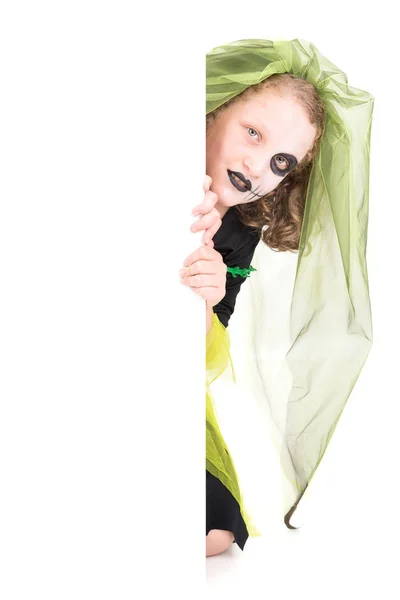 Dívka Halloween Kostým Nad Bílou Tabuli — Stock fotografie