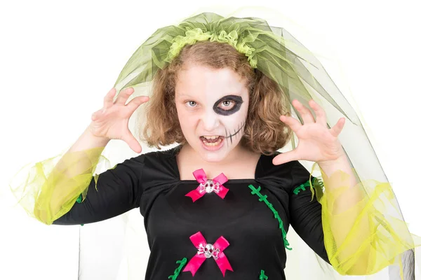 Menina Traje Halloween Sobre Fundo Branco — Fotografia de Stock