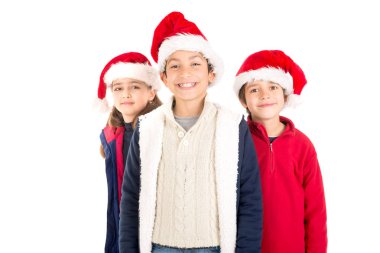 Noel Baba'nın şapkalı beyaz izole mutlu çocuklar Grup