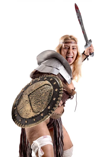 Forntida Kvinna Krigare Eller Gladiator Isolerad Vitt — Stockfoto