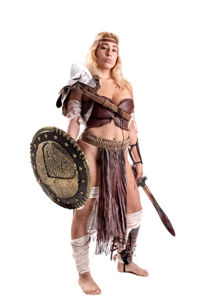 Mulher Antiga Guerreira Gladiadora Isolada Branco — Fotografia de Stock
