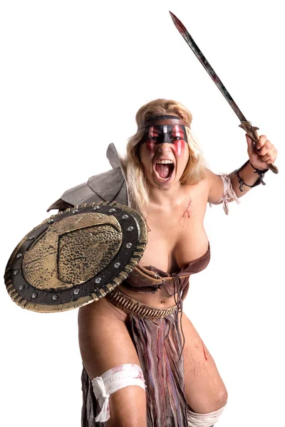 Mulher Antiga Guerreira Gladiadora Isolada Branco — Fotografia de Stock