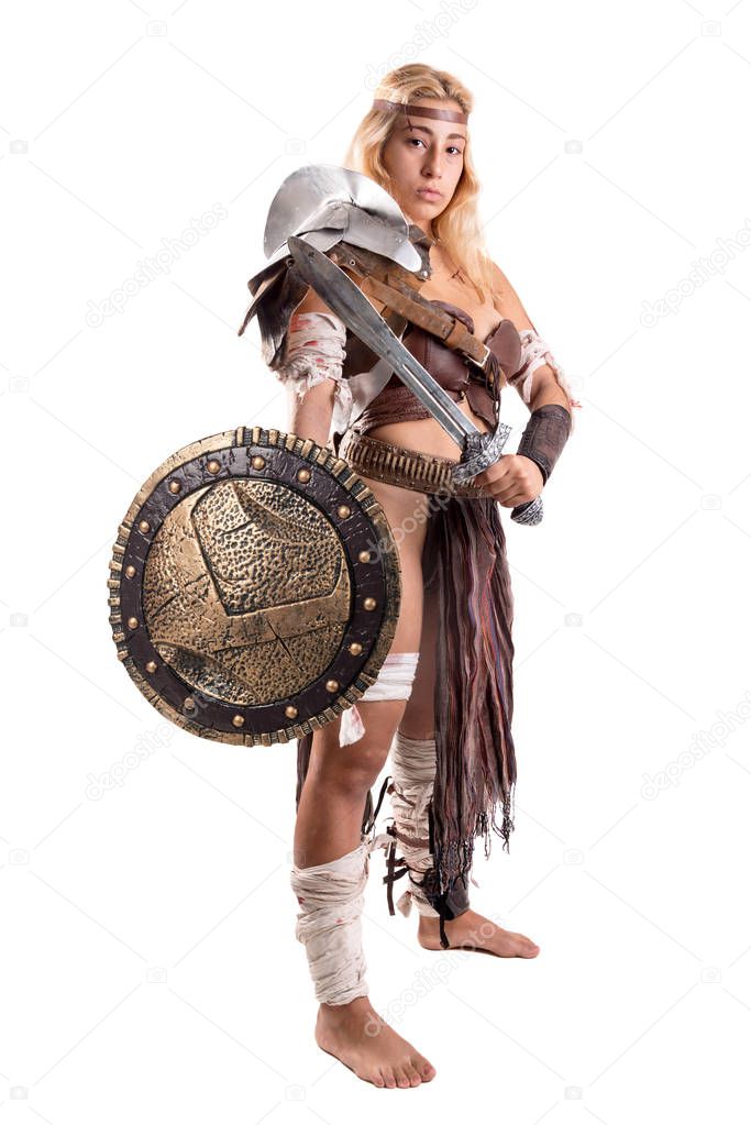Ancient woman warrior or Gladiator isolated in white