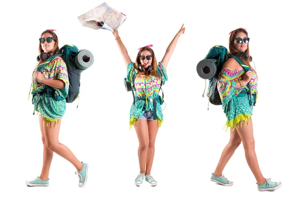 Hiker Girl Backpack Isolated White Trekking Travel Lifestyle Concept — Stock Photo, Image